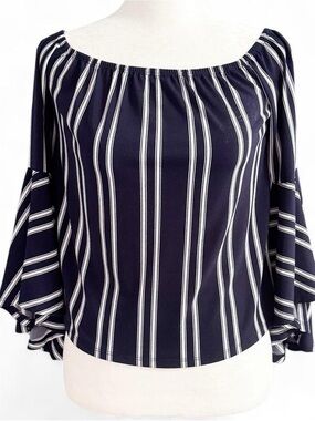 Express Navy White Striped Off Shoulder Bell Sleeve Top XS